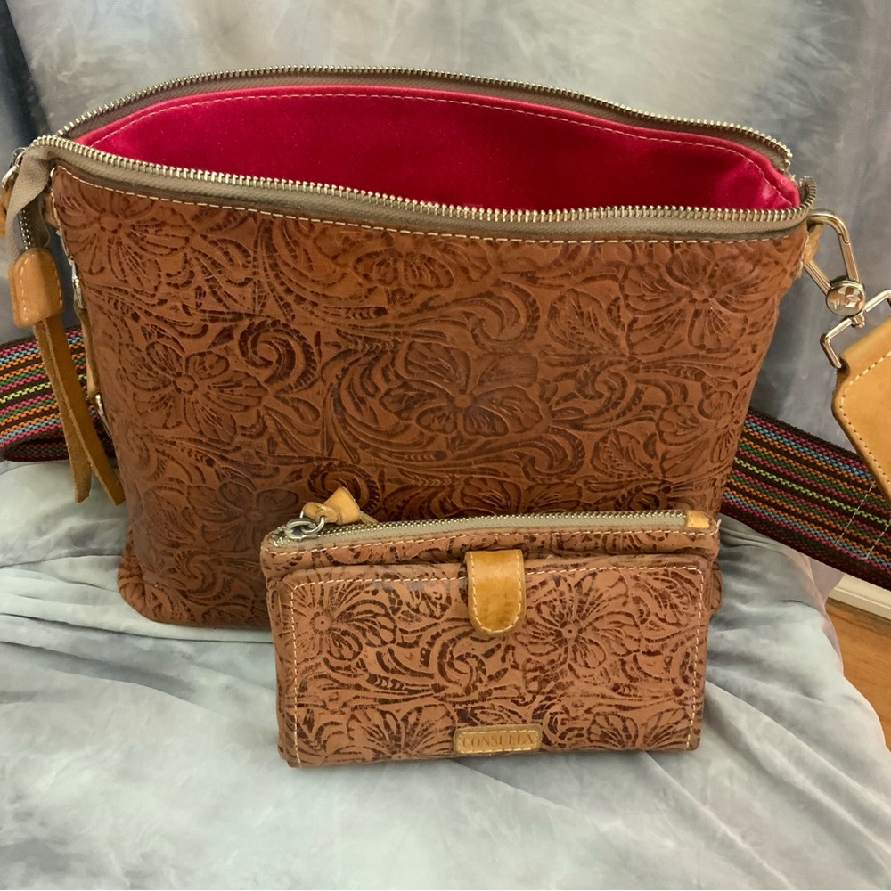 Consuela Embossed brown leather downtown bag and matching wallet